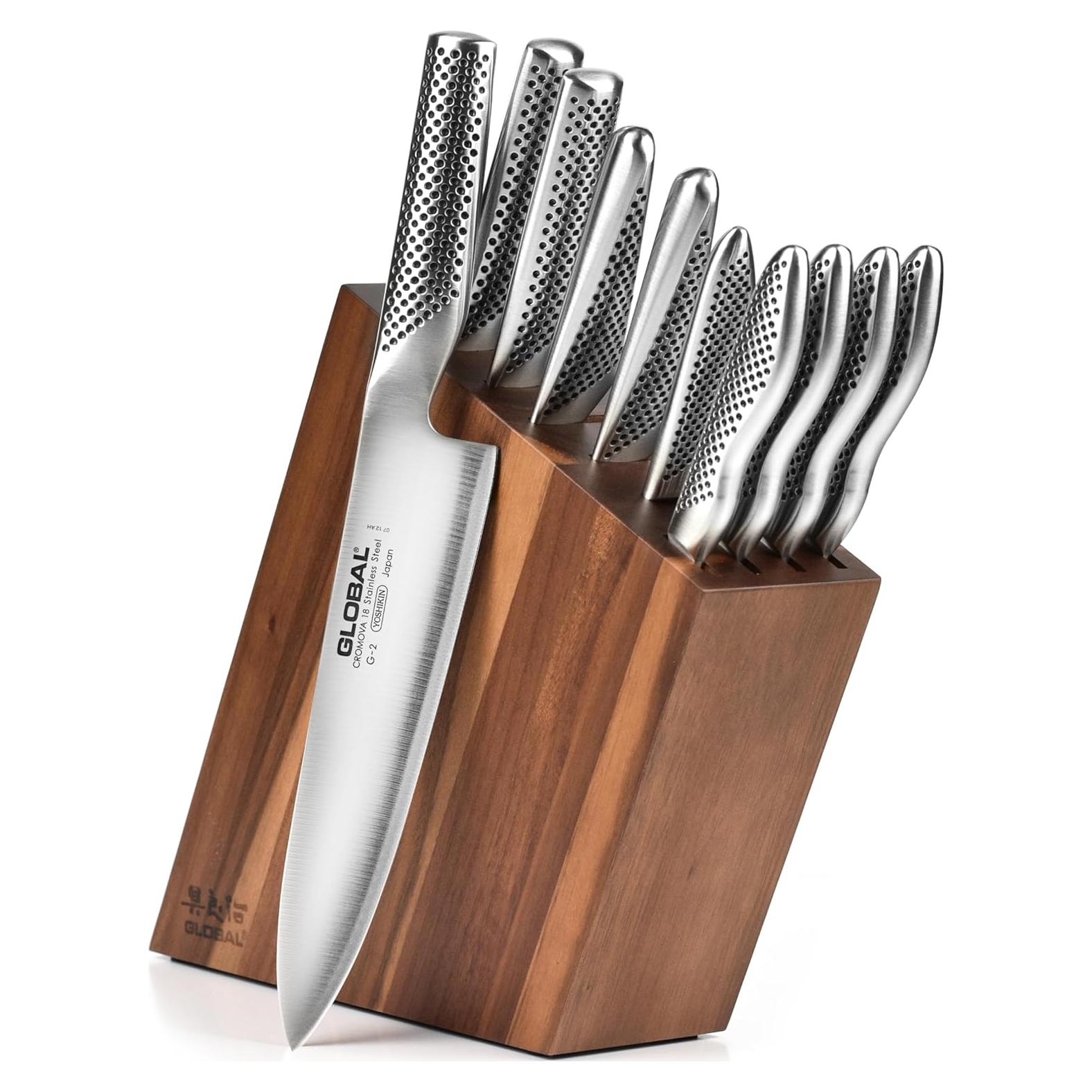 Juego de cuchillos Global de 11 piezas con bloque de acacia