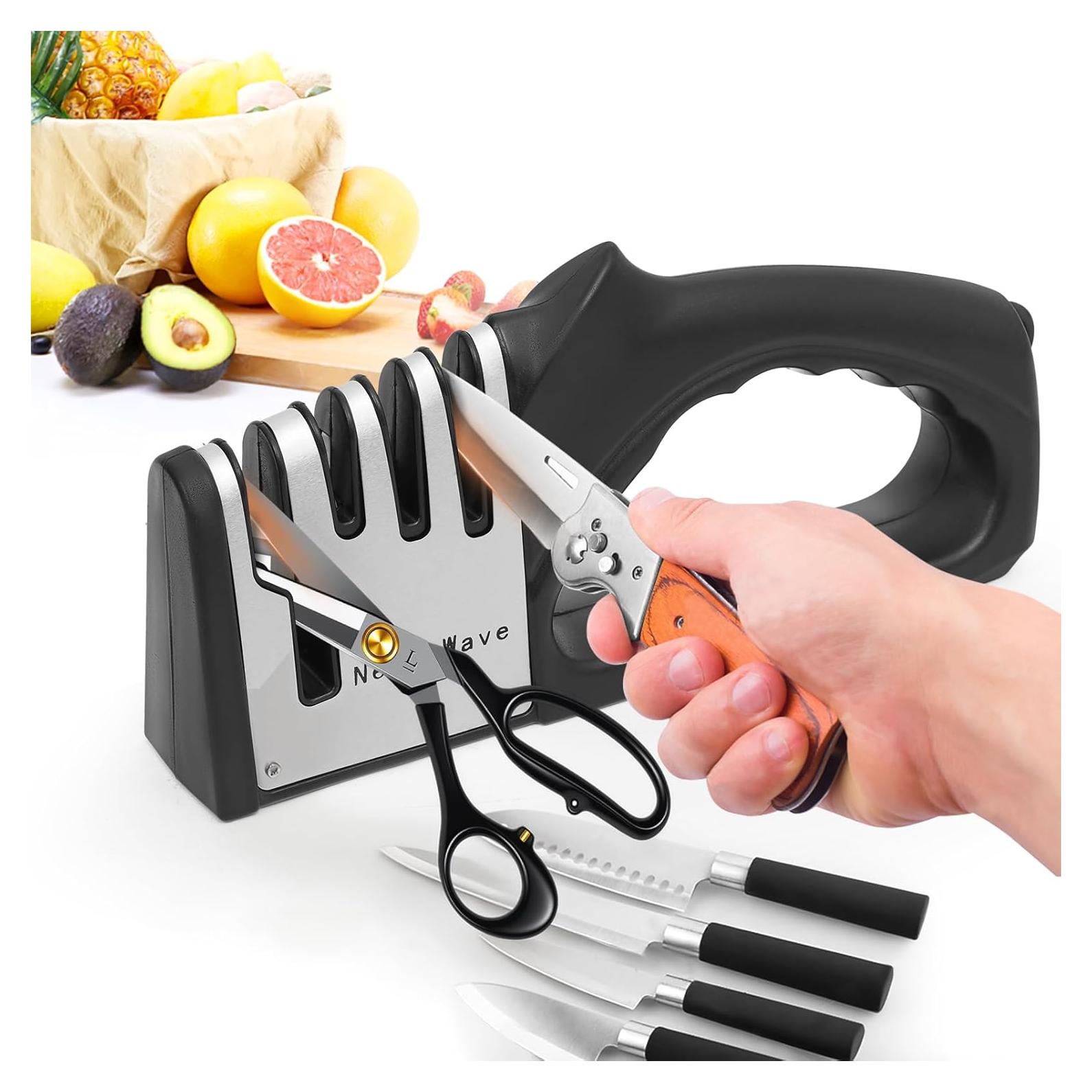 Afilador de cuchillos 4 en 1 NestaWave, acero inoxidable, negro/plata