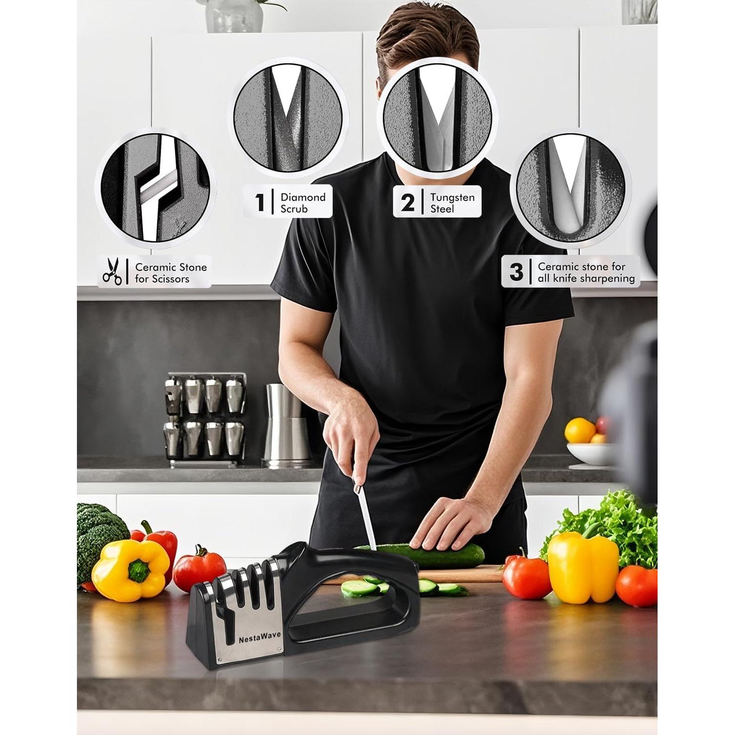 Afilador de cuchillos 4 en 1 NestaWave, acero inoxidable, negro/plata