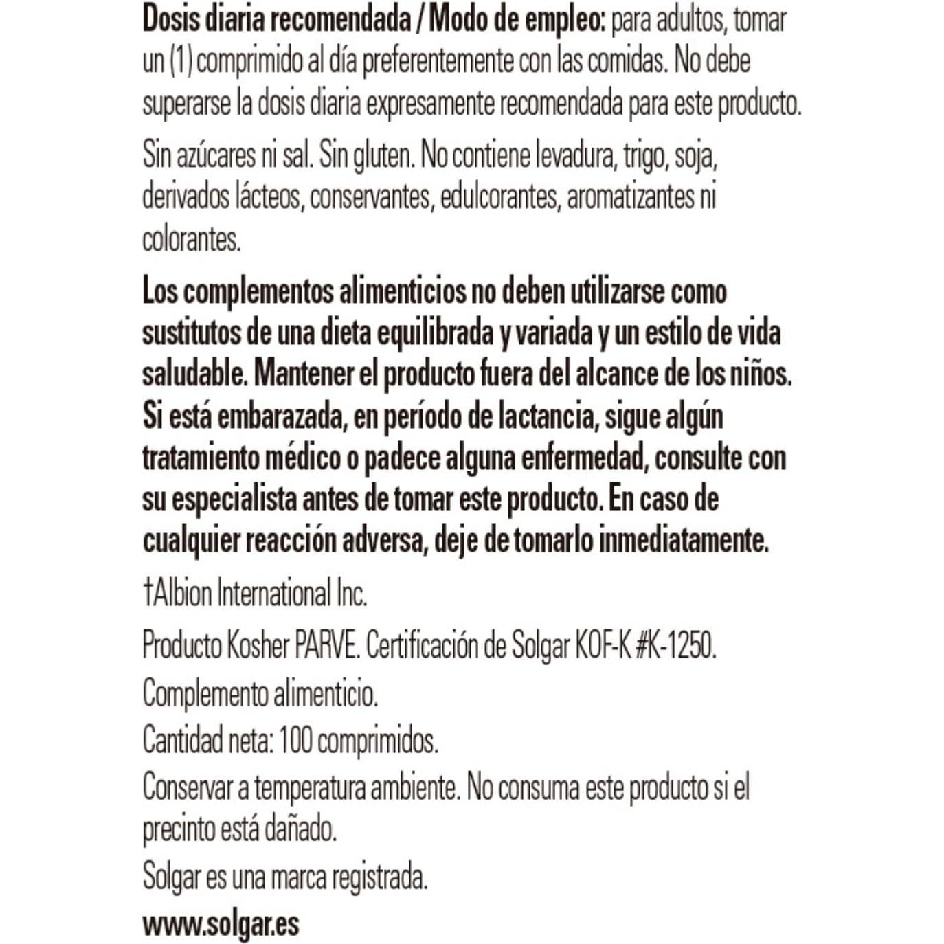 Tabletas de Cobre Quelado Solgar 100 Unidades 140g