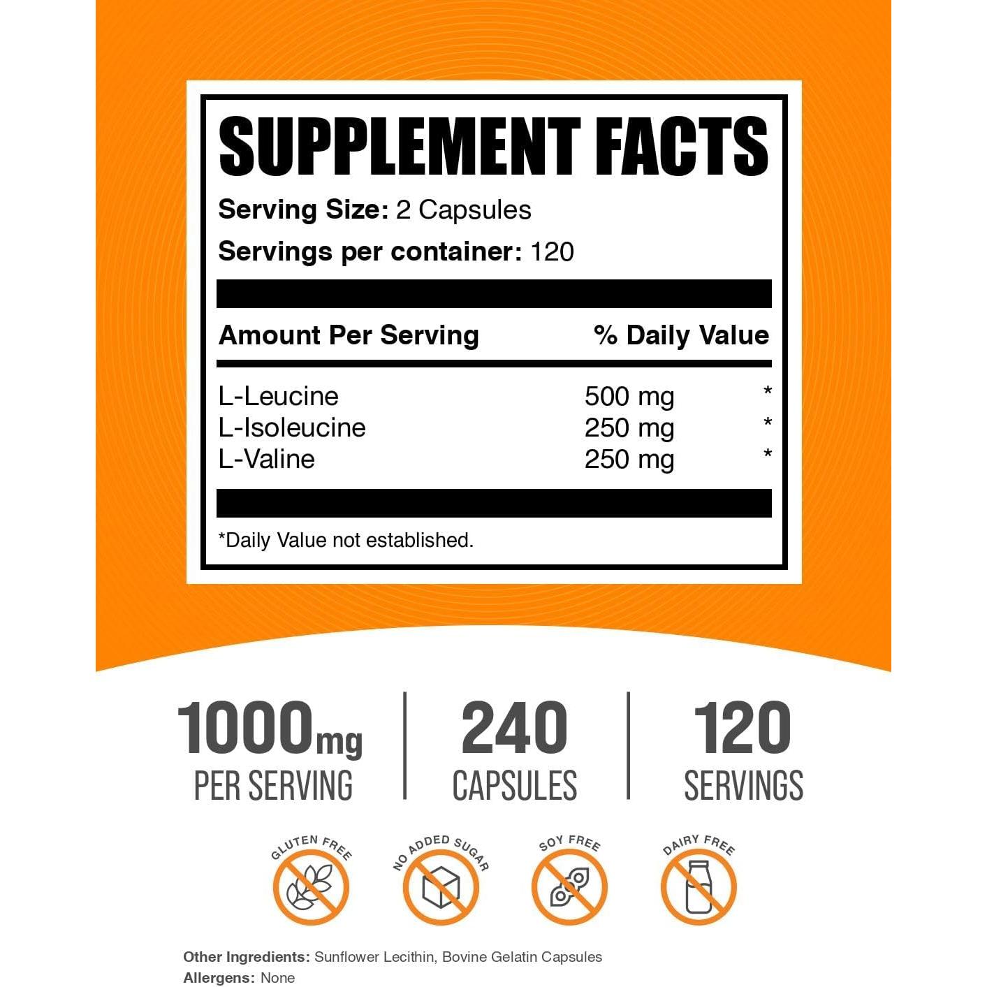 Cápsulas BCAA 2:1:1 BulkSupplements.com - 240 Unidades