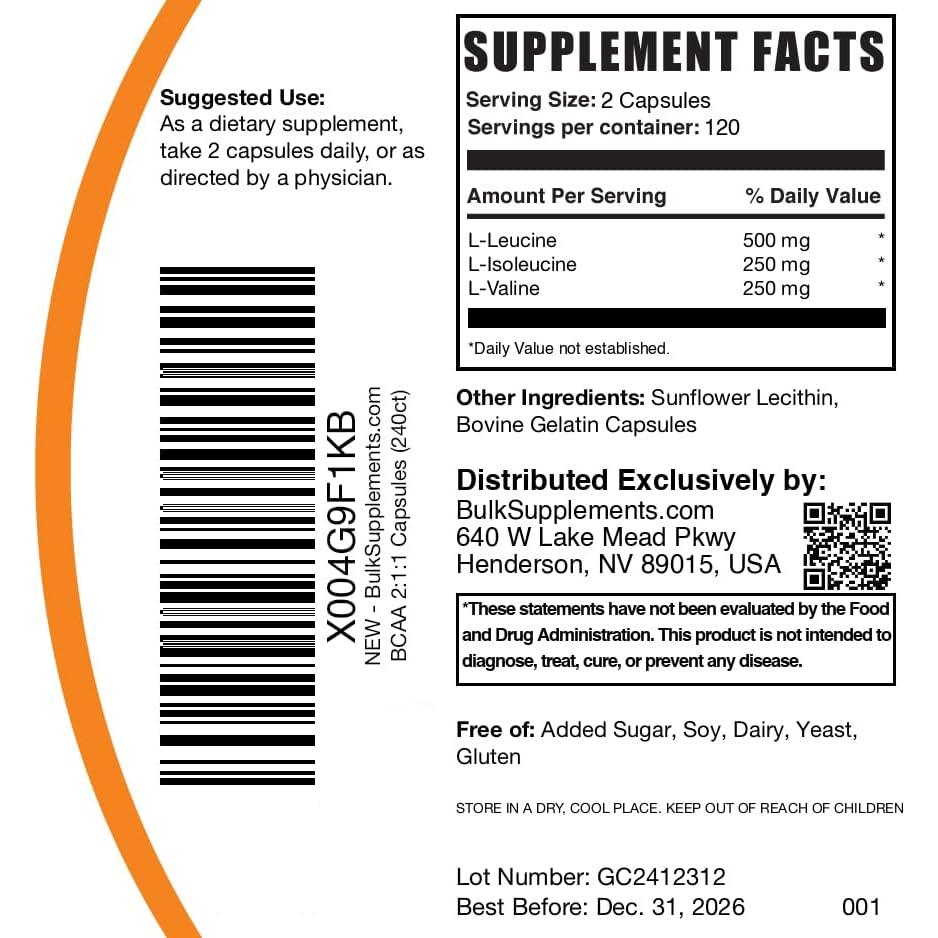 Cápsulas BCAA 2:1:1 BulkSupplements.com - 240 Unidades