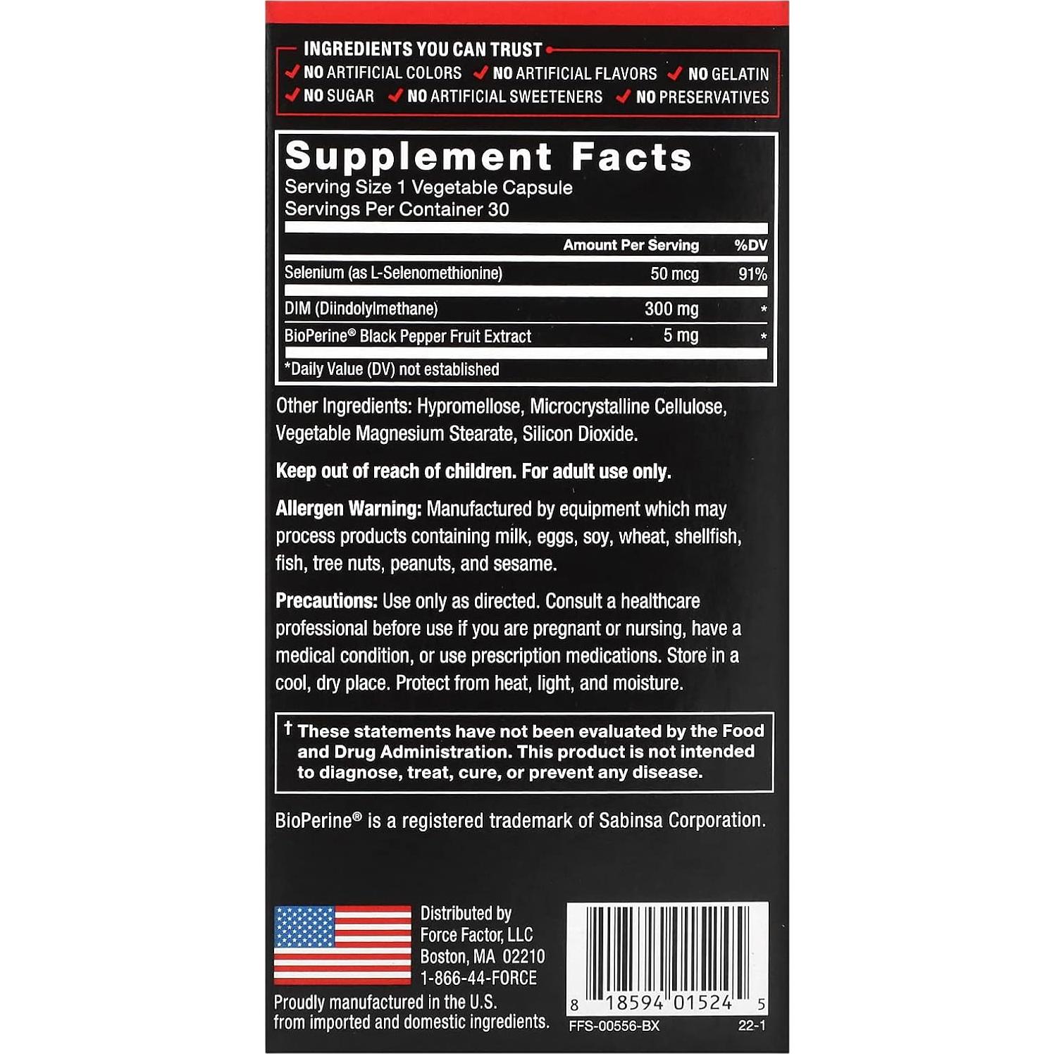 Suplemento DIM Force Factor 300mg - 30 Cápsulas para Hombres