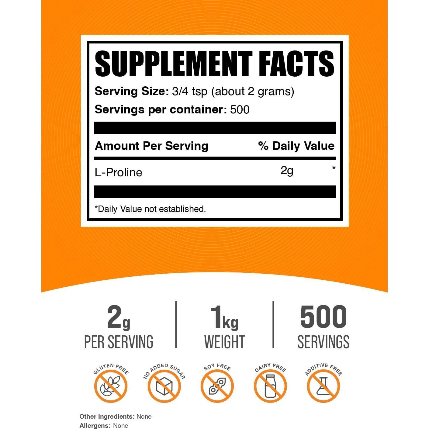 Polvo de L-Prolina BulkSupplements 1kg - Suplemento Sin Sabor