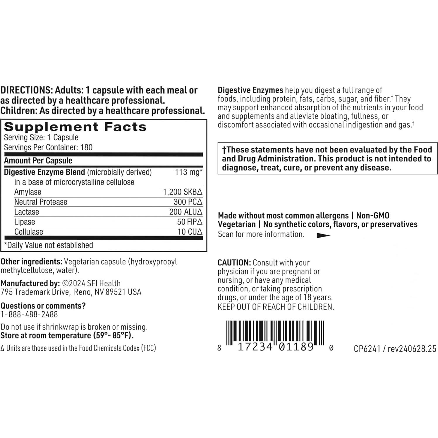 Enzimas Digestivas Klaire Labs SFI - 180 Cápsulas para Digestión