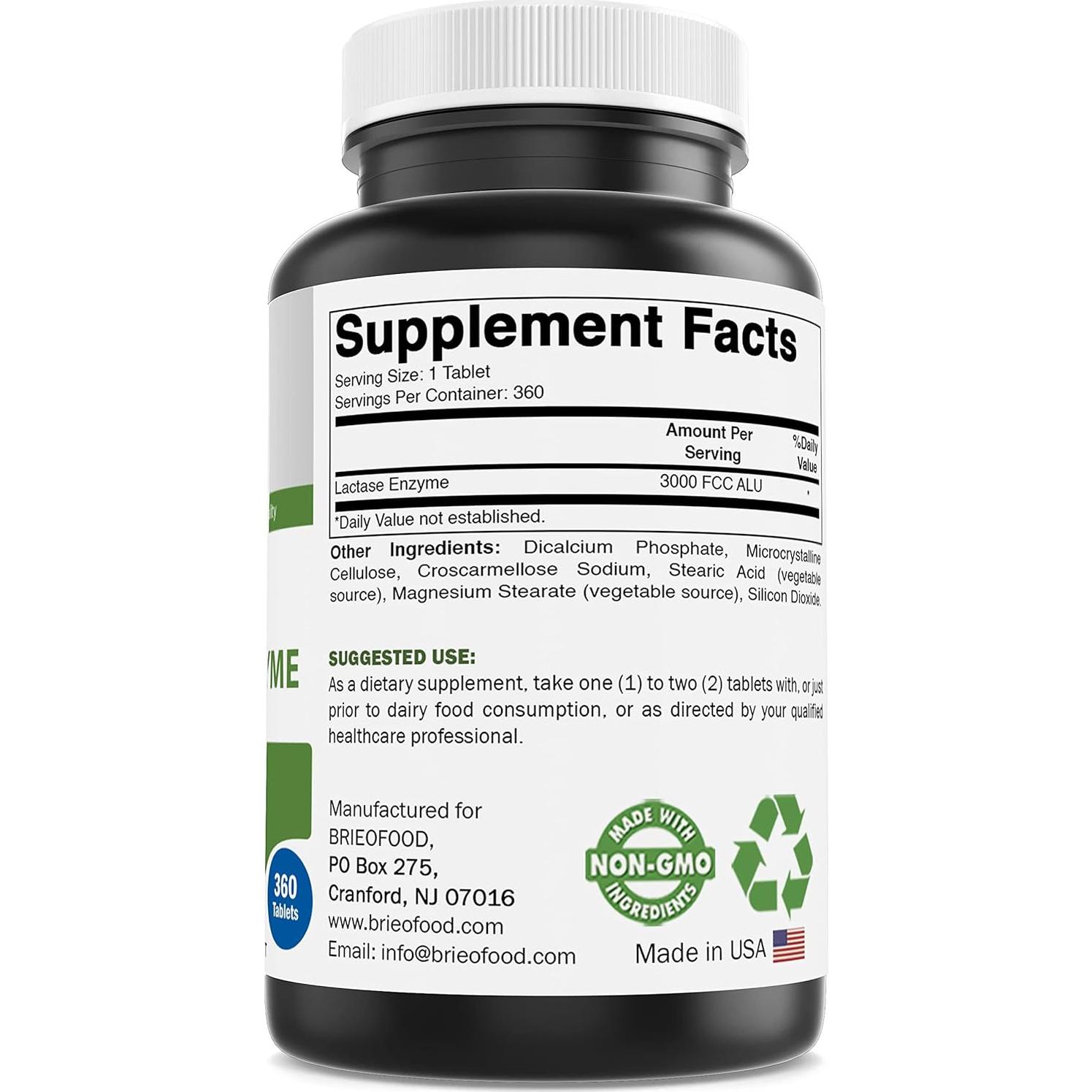 Píldoras de Enzima Lactasa Brieofood 3000 FCC ALU 360 Tabletas