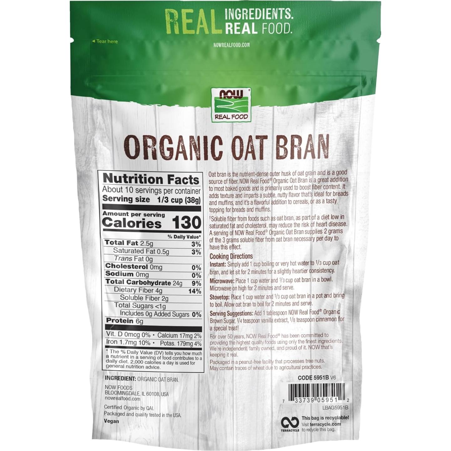 Salvado de Avena Orgánico NOW Foods 396g - Fuente de Fibra y Proteína