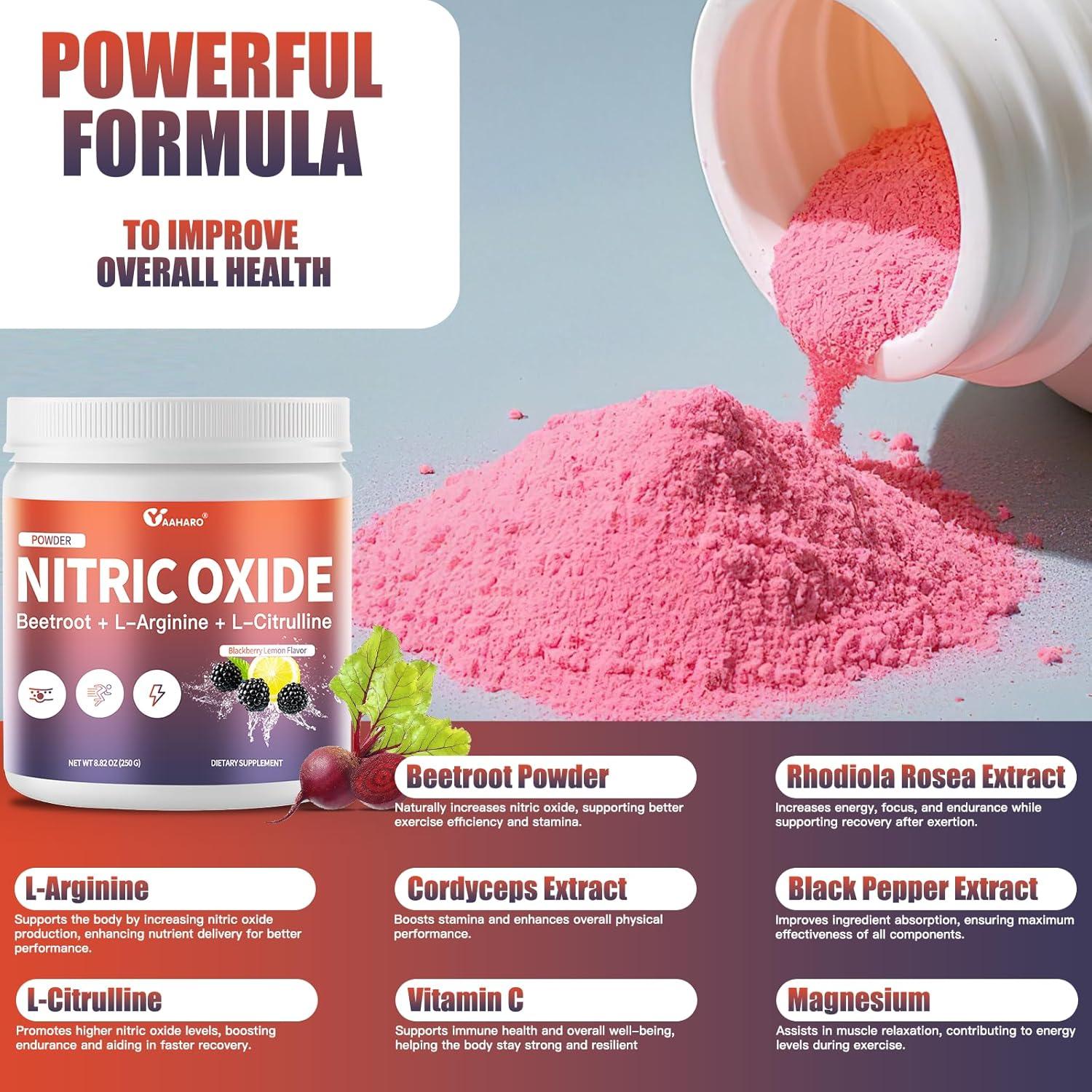 Suplemento de Óxido Nítrico YAAHARO 249g - Polvo de Remolacha con L-Citrulina y L-Arginina, Sabor Limón de Mora