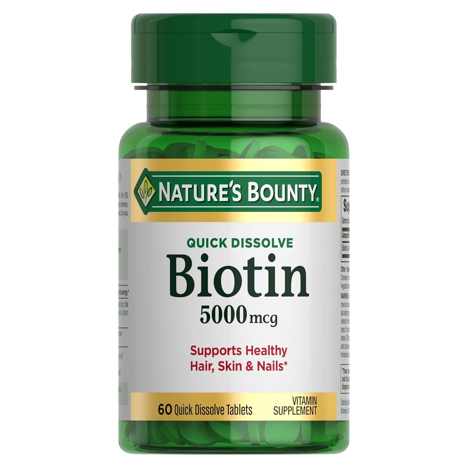 Biotina Nature's Bounty 5000 mcg 60 Tabletas Rápidas Salud Cabello Piel Uñas