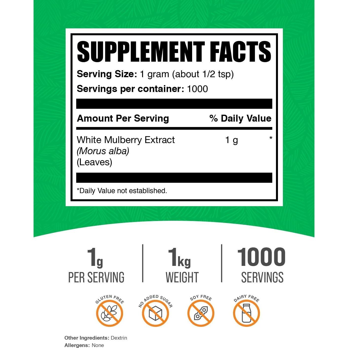 Polvo de Extracto de Hoja de Morera Blanca BulkSupplements 1kg