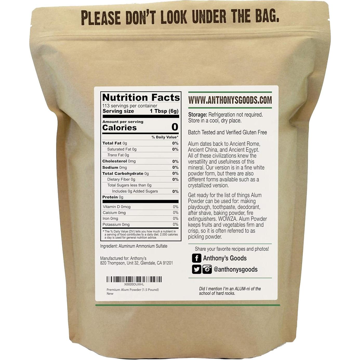 Polvo de Alumbre Anthony's 680g - Sin Gluten, Grado Alimenticio