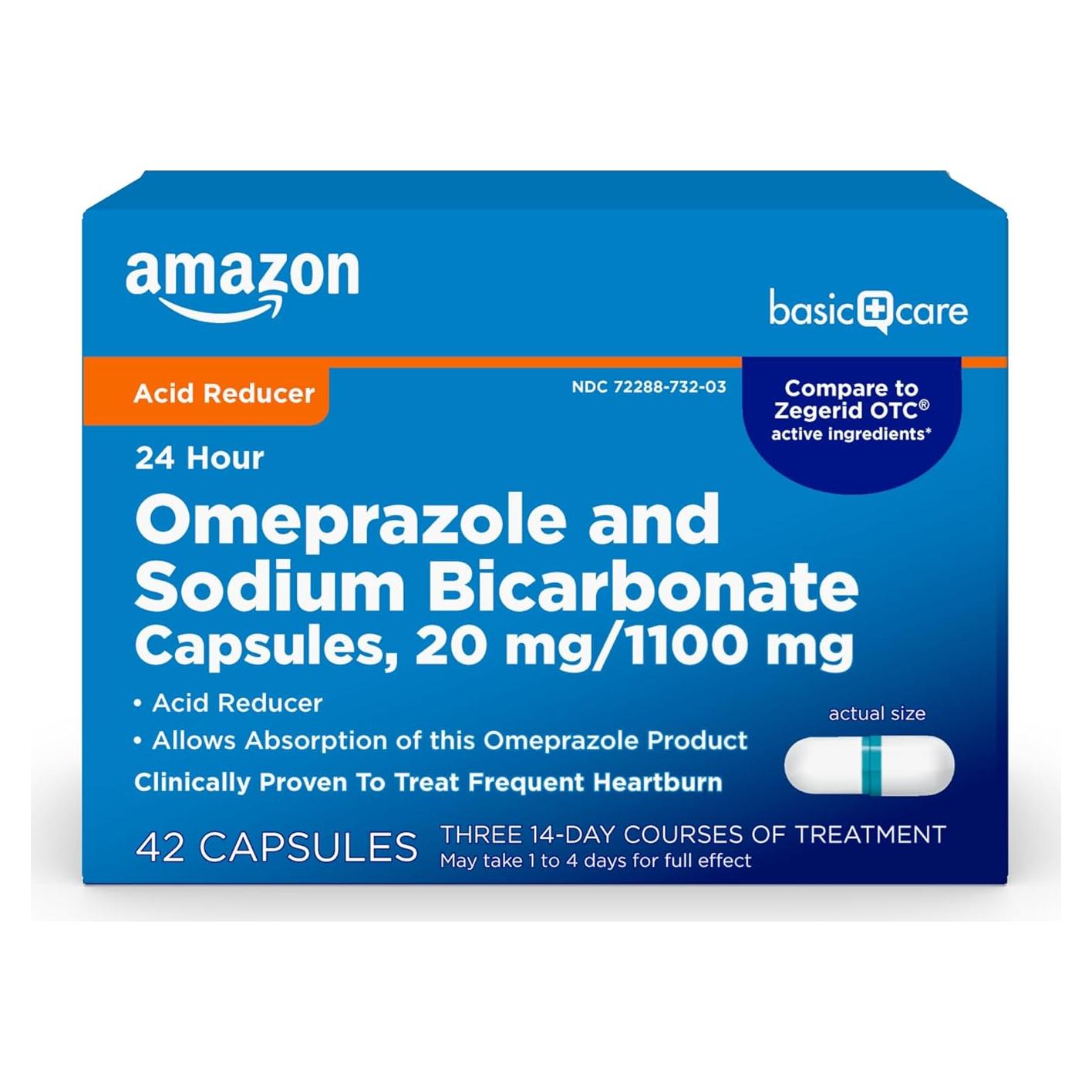 Cápsulas de Omeprazol 20 mg y Bicarbonato 1100 mg Amazon Basic Care - 42 Contenido