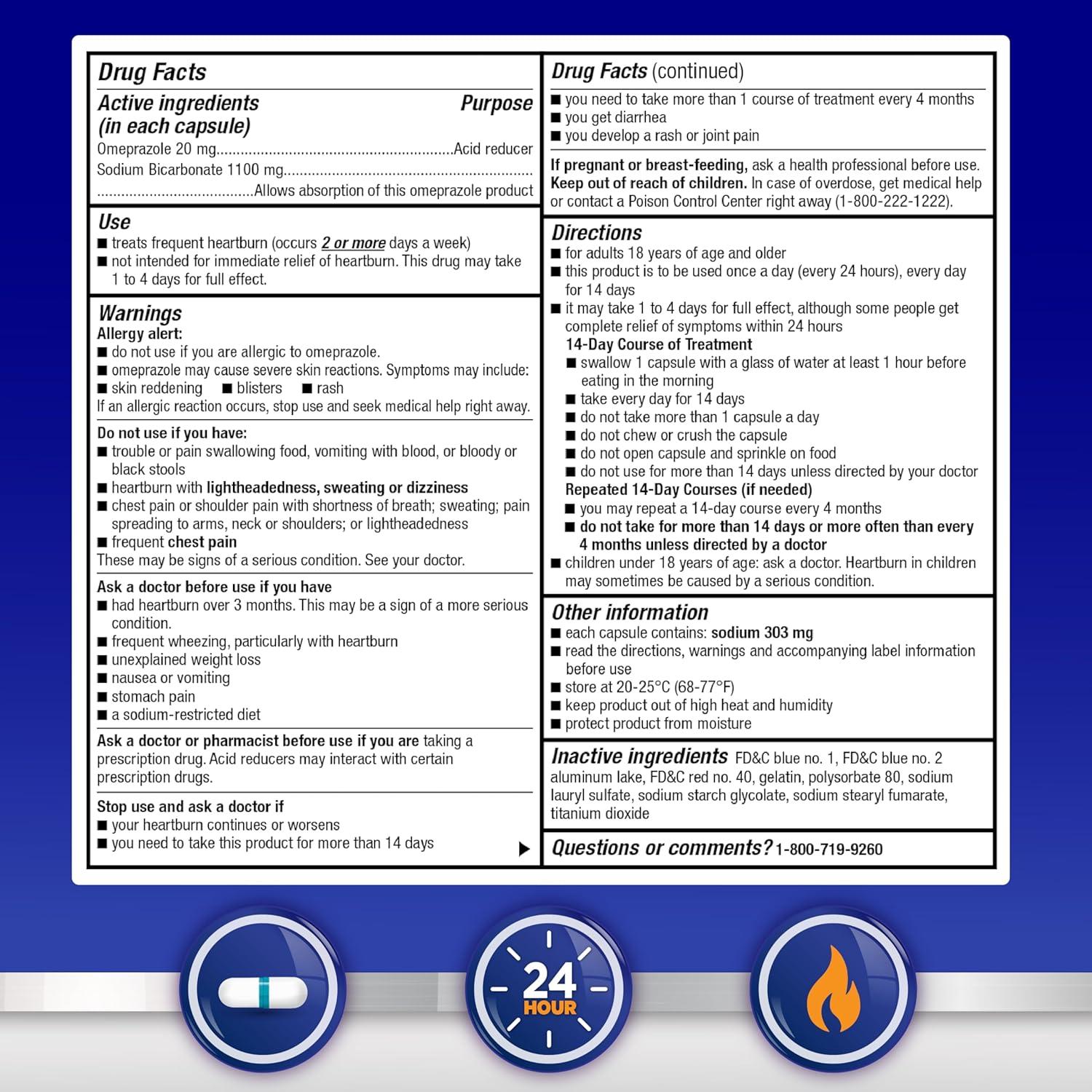 Cápsulas de Omeprazol 20 mg y Bicarbonato 1100 mg Amazon Basic Care - 42 Contenido