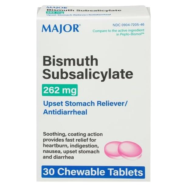 Tabletas Masticables Antidiarreicas Major Bismuto 262mg - 30 Unidades