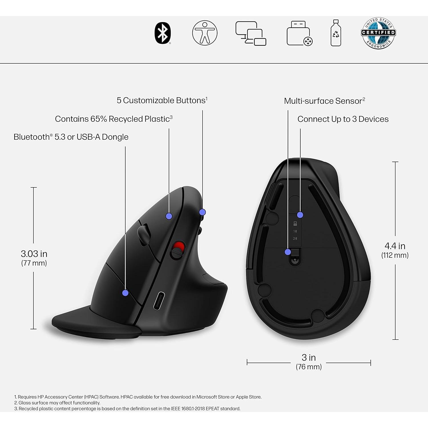 HP 920 Ergonomic Vertical Mouse Wireless Bluetooth 5.3 & USB Dongle, 5 Programmable Buttons, 16 Week Battery, Multi-Device, Multi-OS