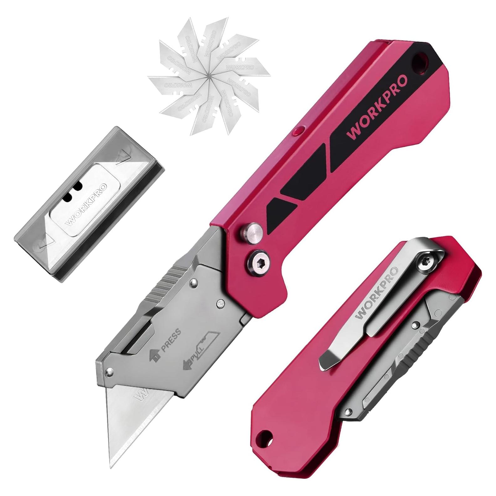 Cortador de Caja WORKPRO Utility Plegable Rosa con 10 Cuchillas