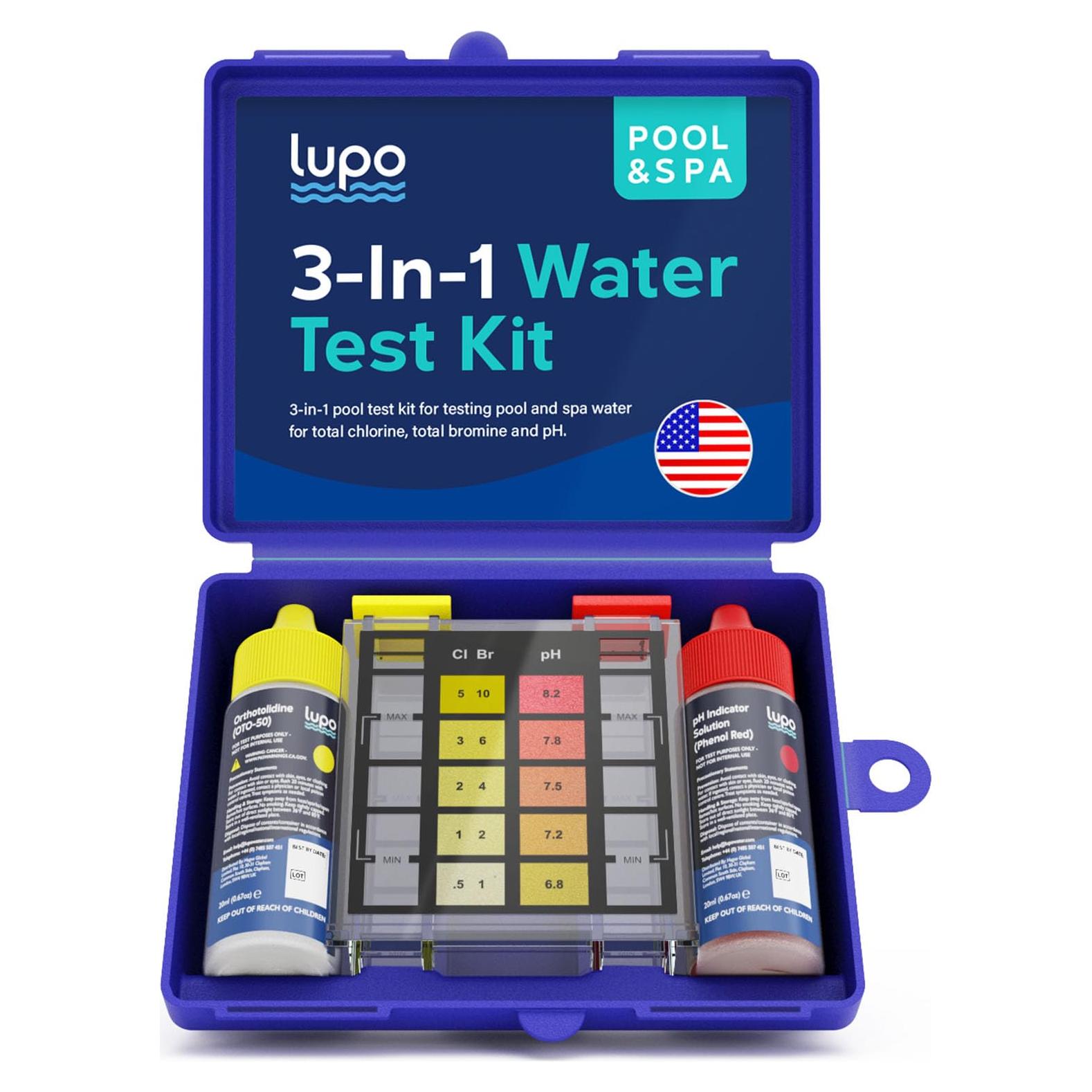 Kit de Prueba de Piscina 3-en-1 Lupo | Cloro, Bromo y pH