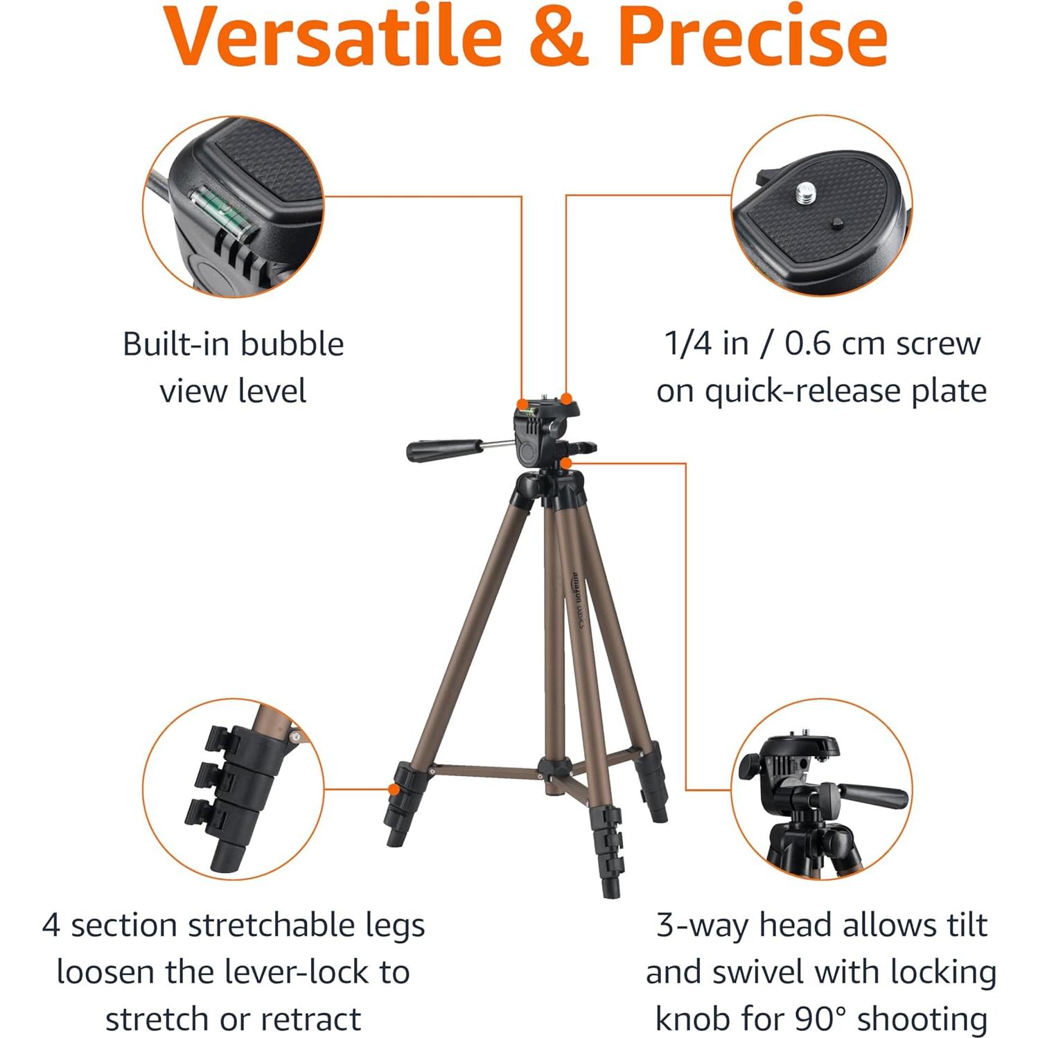 Amazon Basics 50-inch Lightweight Portable Camera Mount Tripod Stand with Bag, for Travel Photography, Champagne