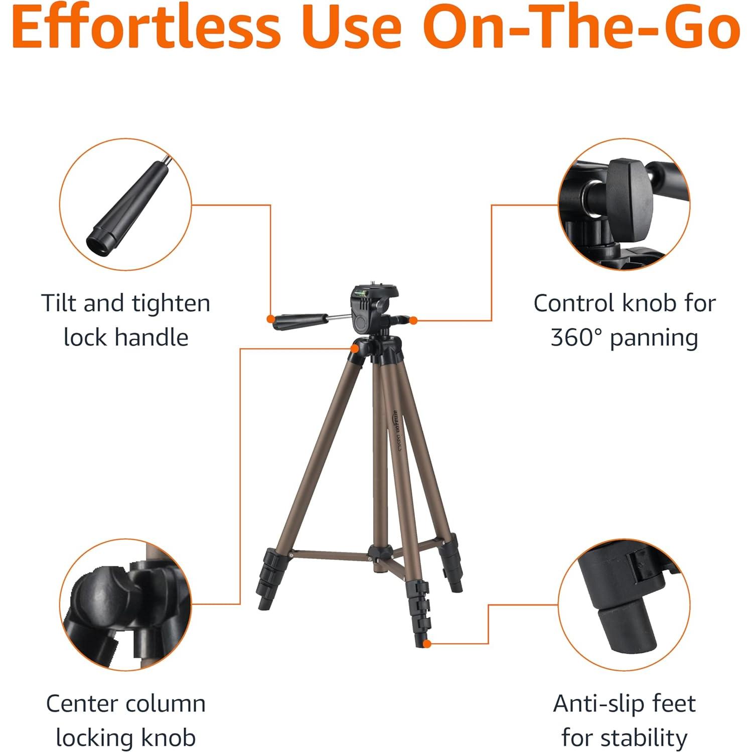 Amazon Basics 50-inch Lightweight Portable Camera Mount Tripod Stand with Bag, for Travel Photography, Champagne