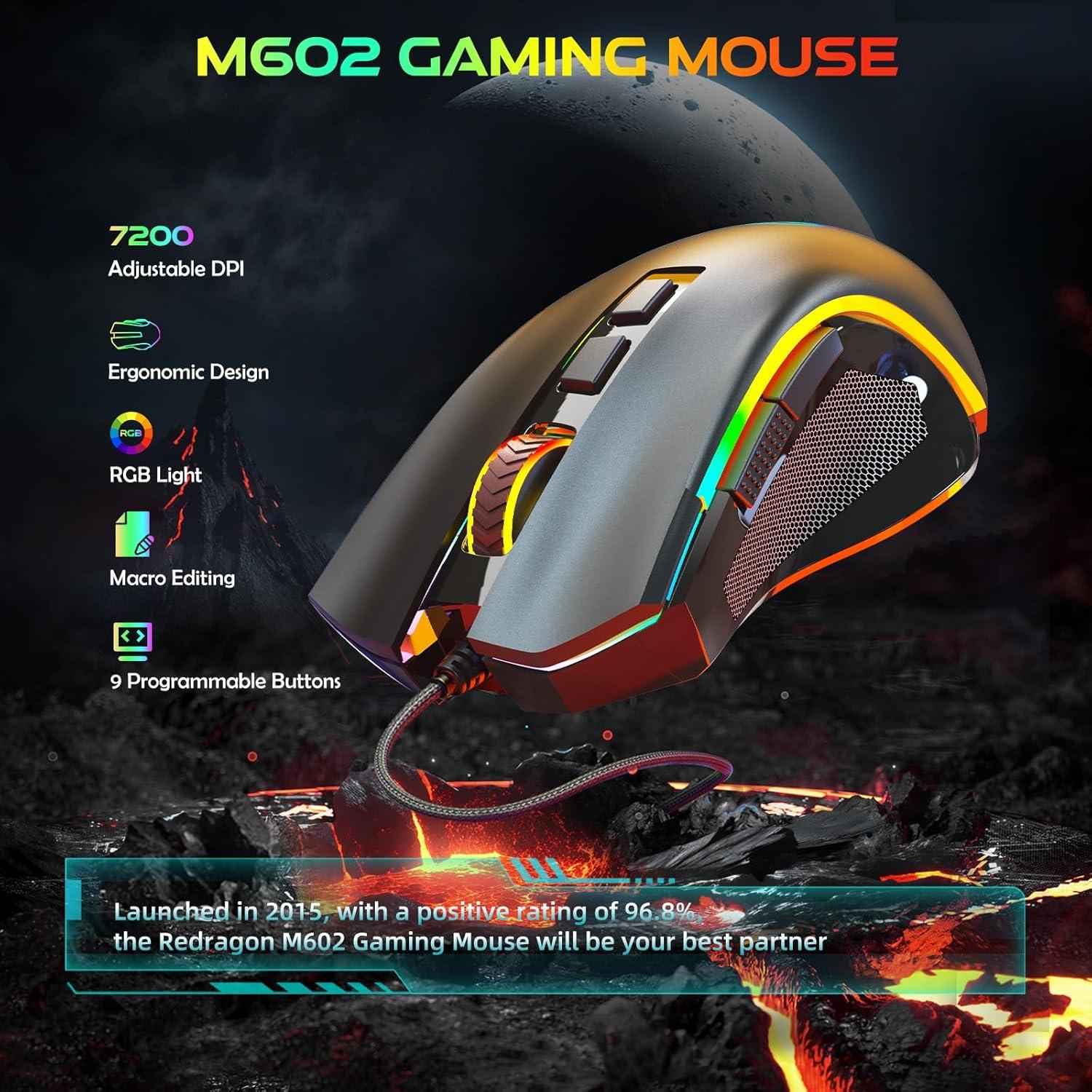 Ratón Gaming Redragon M602 RGB Ergonómico 7200 DPI Negro