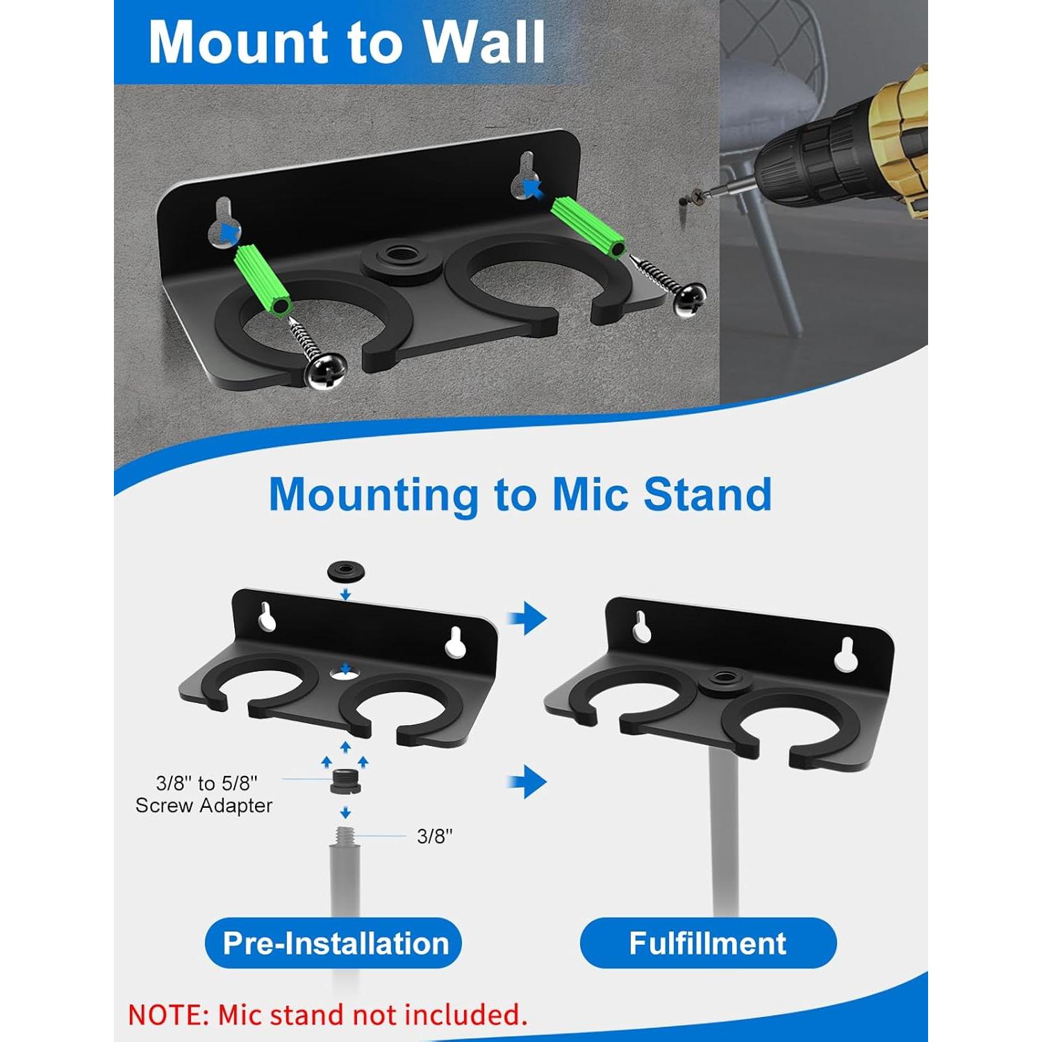 Multi Microphone Holder for Handheld Dynamic, Wired and Wireless Mics Storage Hanger, Double Microphone Stand,Rubber Padding/Wall Mounted or Mounted to 5/8"-27 or 3/8"-16 threaded Stands Attachment