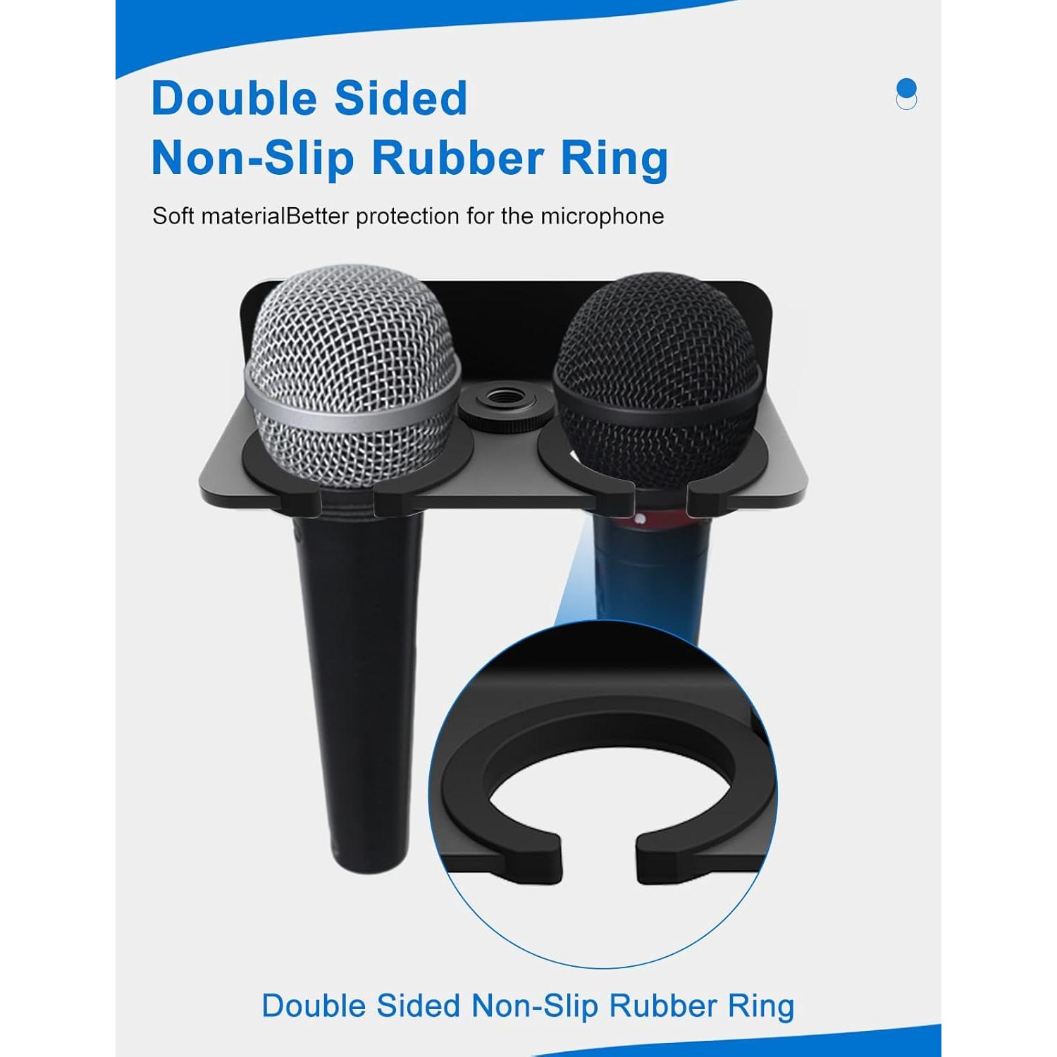 Multi Microphone Holder for Handheld Dynamic, Wired and Wireless Mics Storage Hanger, Double Microphone Stand,Rubber Padding/Wall Mounted or Mounted to 5/8"-27 or 3/8"-16 threaded Stands Attachment