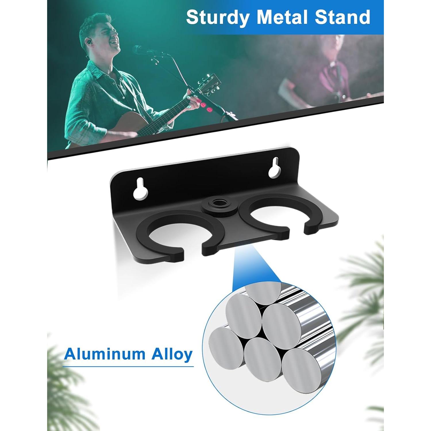 Multi Microphone Holder for Handheld Dynamic, Wired and Wireless Mics Storage Hanger, Double Microphone Stand,Rubber Padding/Wall Mounted or Mounted to 5/8"-27 or 3/8"-16 threaded Stands Attachment
