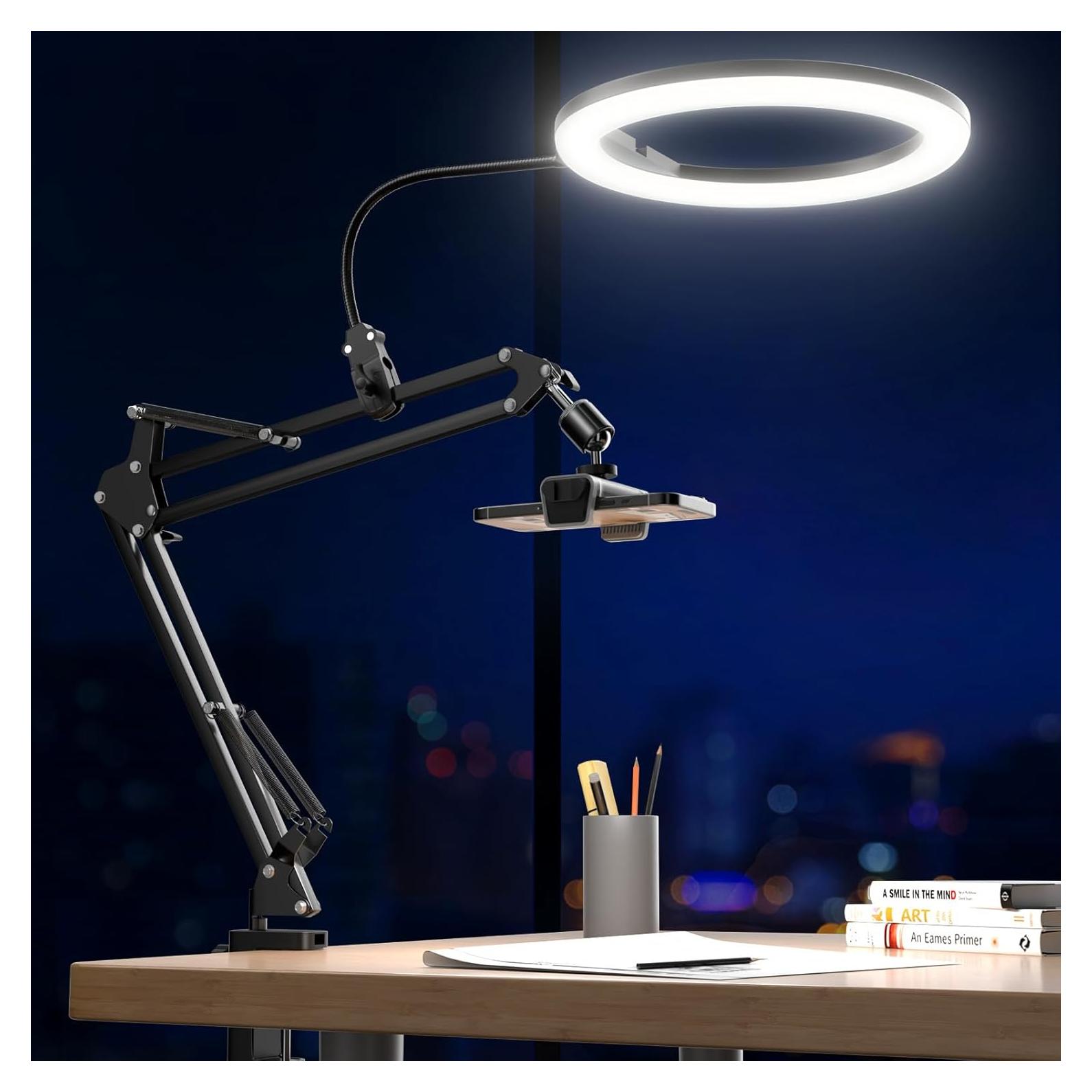 UBeesize 10" Ring Light with Overhead Phone Mount, LED Selfie Light with Stand and Phone Holder, Desk Light for iPhone, Desk Tripod for Video Recording, YouTube, TikTok, Live Stream, Cooking, Vlog
