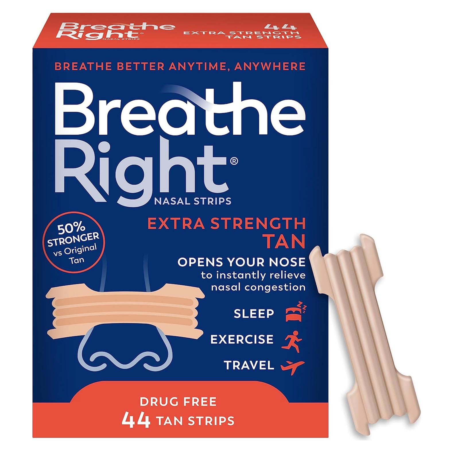 Tiras Nasales Breathe Right Fuerza Extra 44ct Alivio Congestión