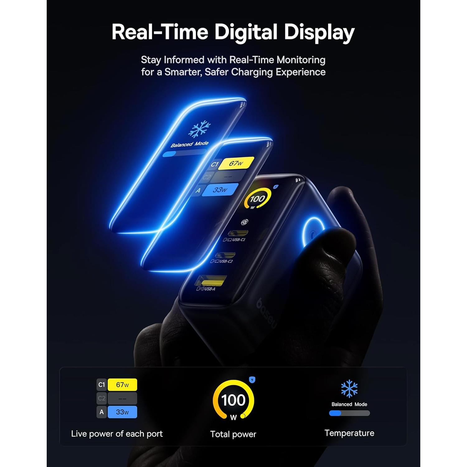 Cargador Baseus Picogo 100W USB-C 3 Puertos con Pantalla