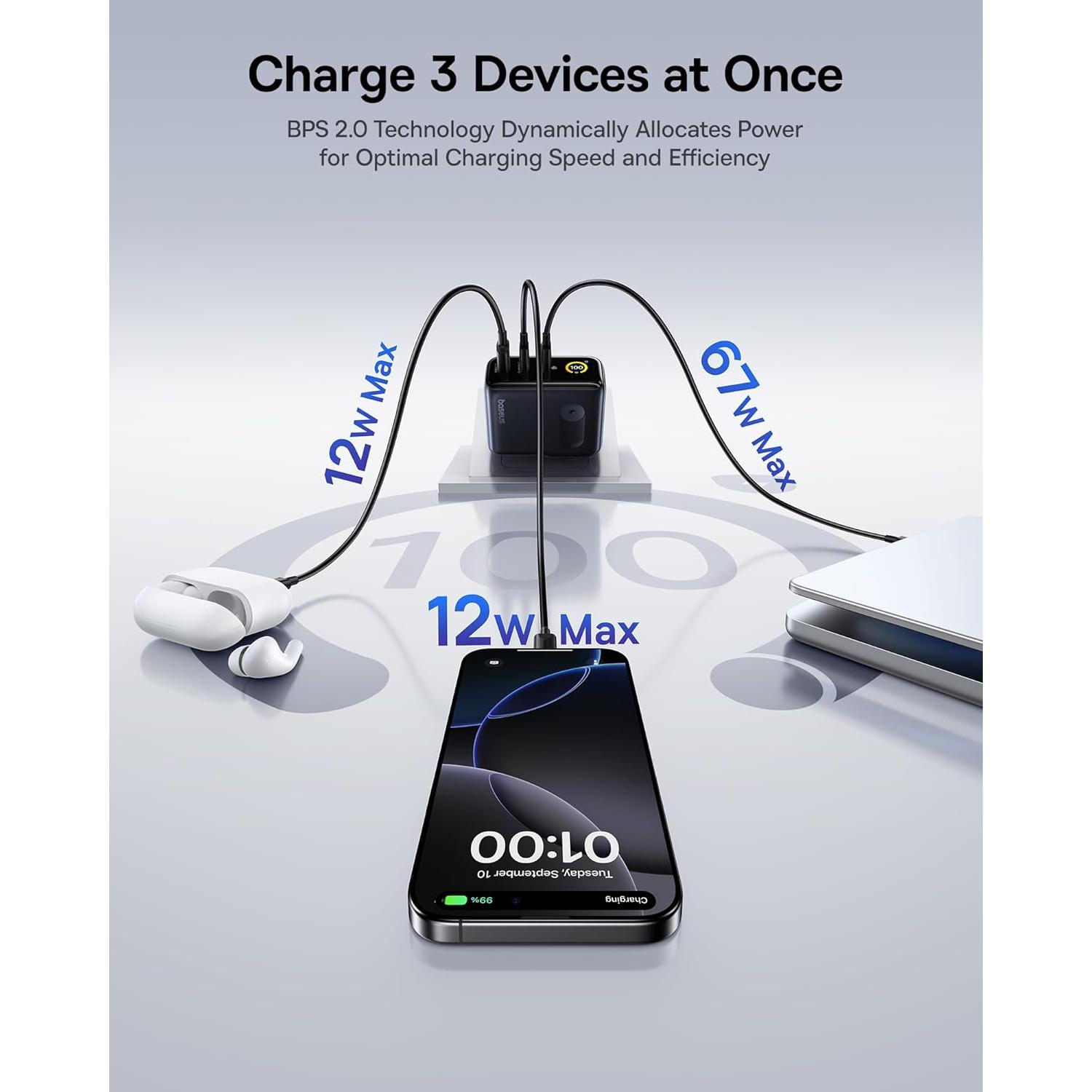 Cargador Baseus Picogo 100W USB-C 3 Puertos con Pantalla