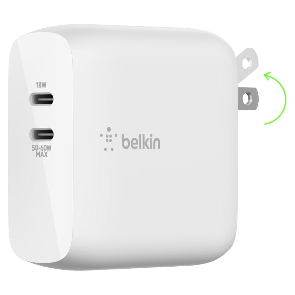 Cargador USB-C Doble Puerto Belkin 68W Carga Rápida GaN Blanco
