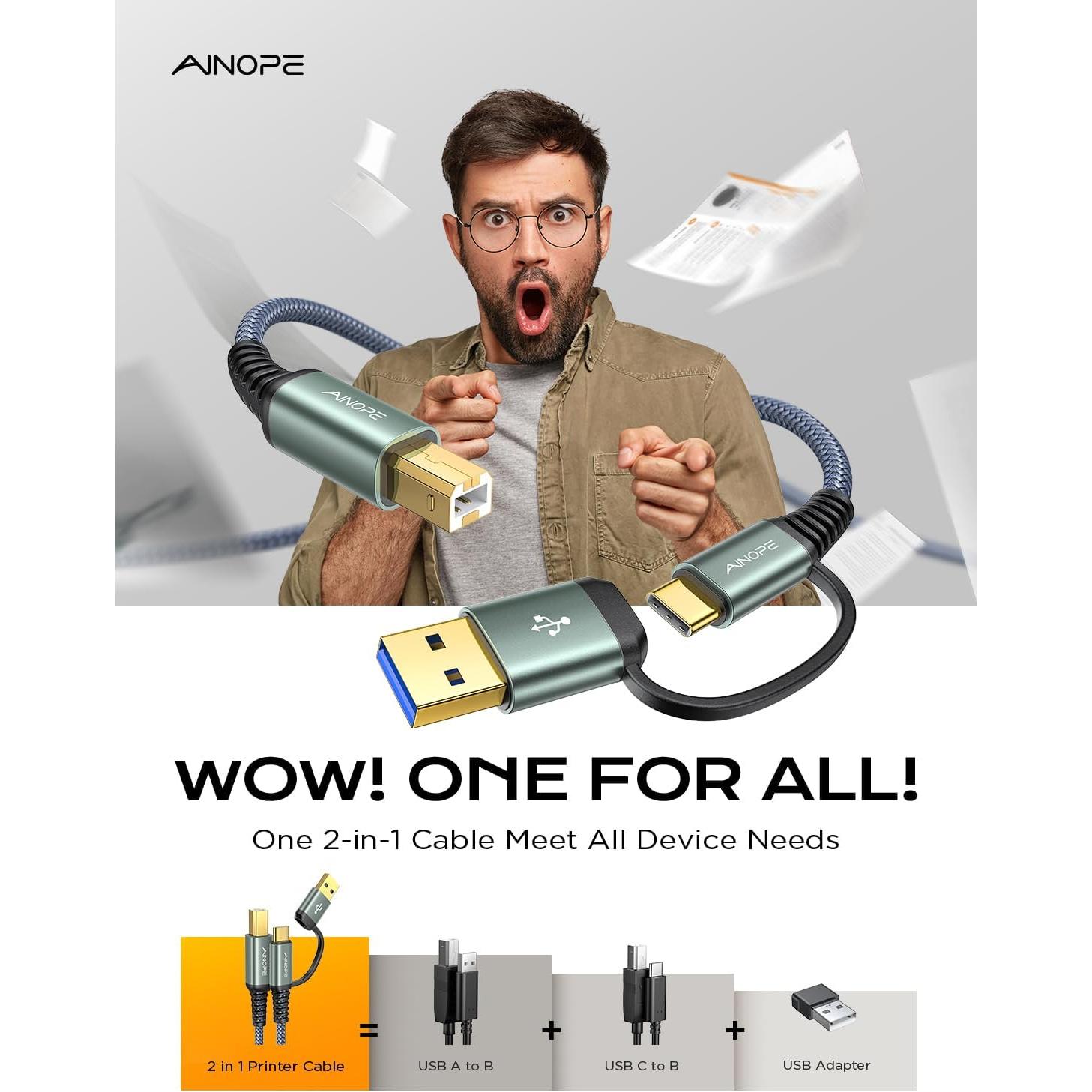 Cable USB AINOPE B a C 2.0m Gris - Alta Velocidad 480Mbps