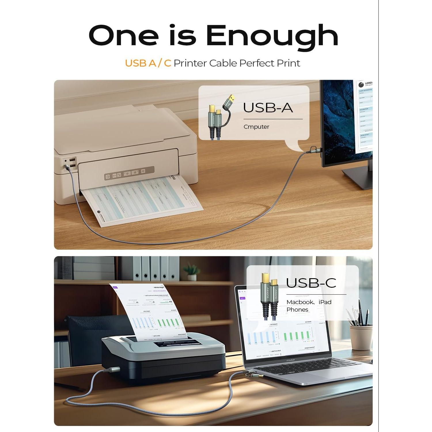 Cable USB AINOPE B a C 2.0m Gris - Alta Velocidad 480Mbps