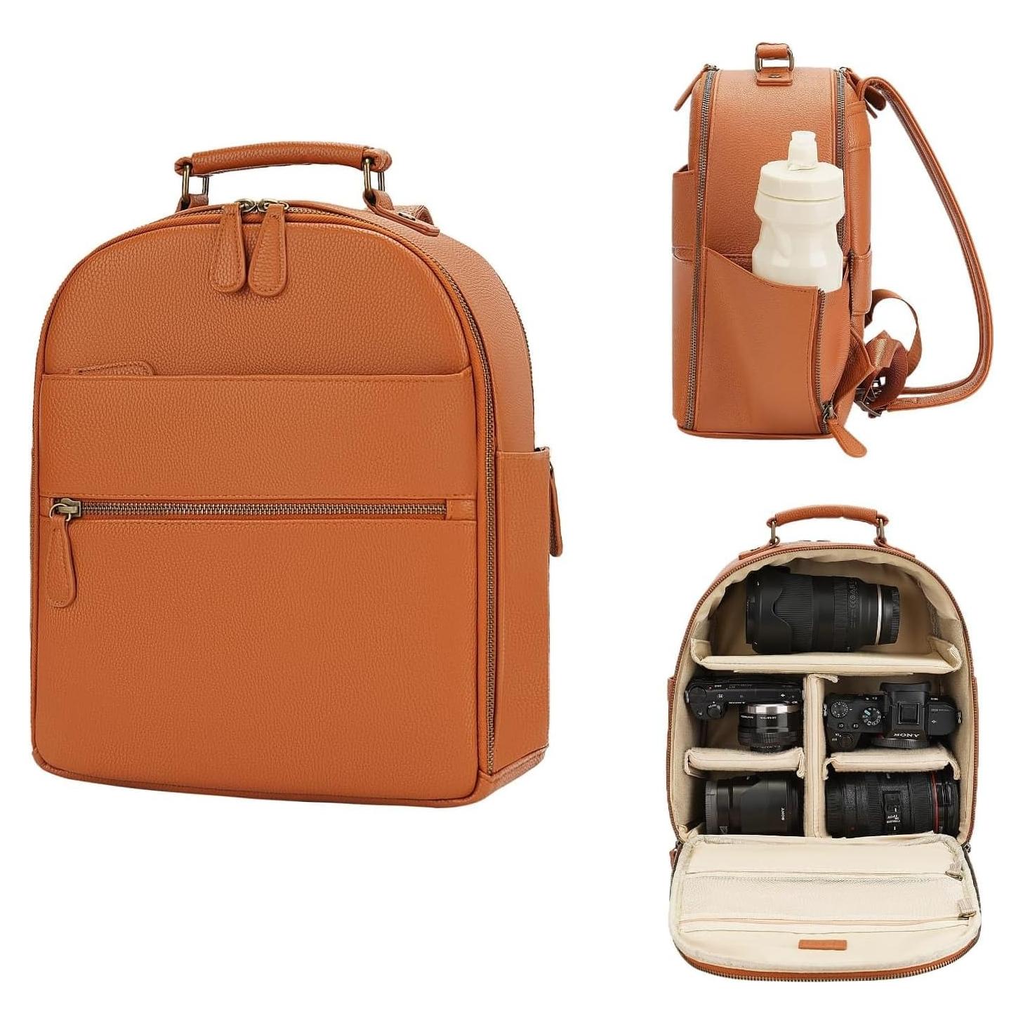 Mochila para Cámara Profesional 10L Cuero PU Marrón con Compartimento para Tableta 11"