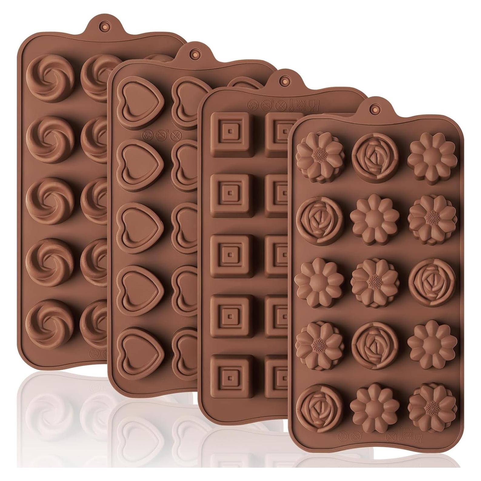 Moldes de Silicona para Chocolate Puyeipt - 4 Piezas Corazones, Flores, Cuadrados, Espirales