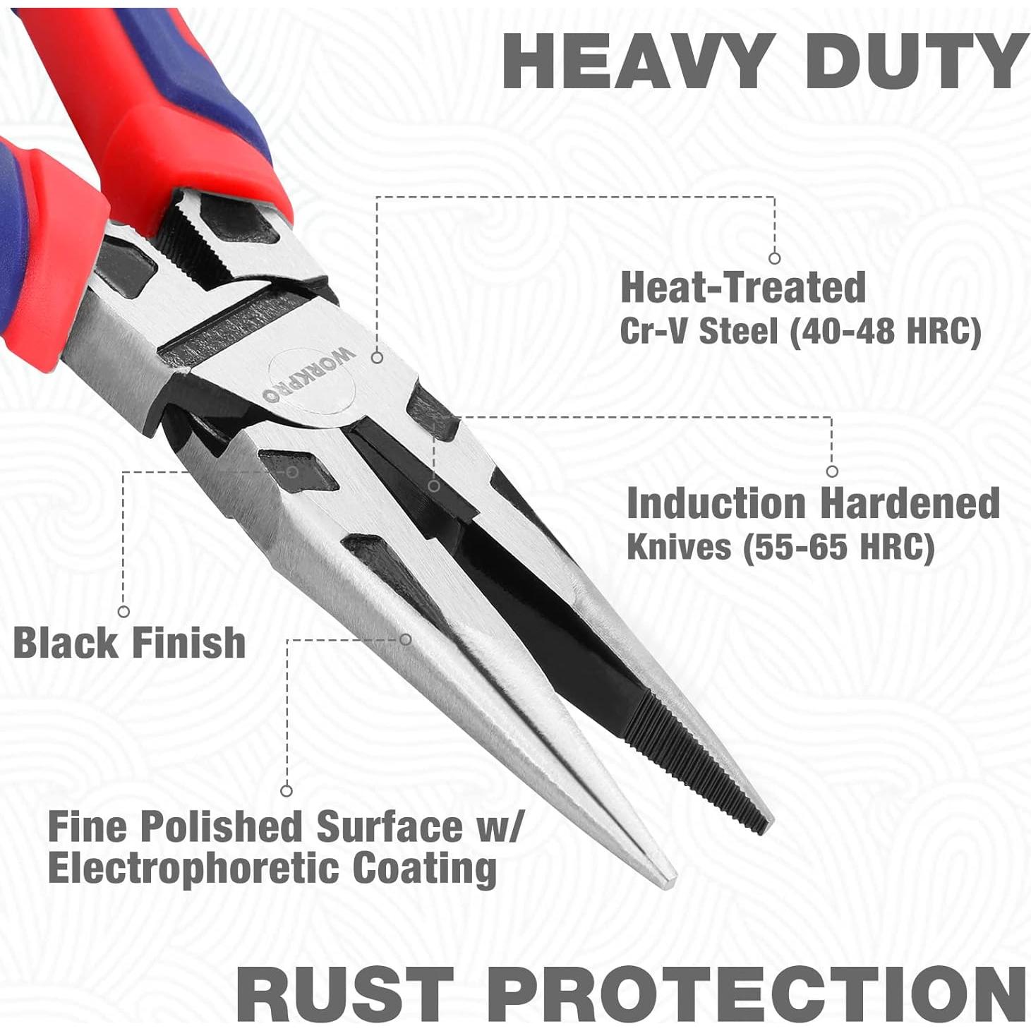 Pinzas de Punta de Aguja WORKPRO 20 cm, Acero CRV, Mango Ergonómico