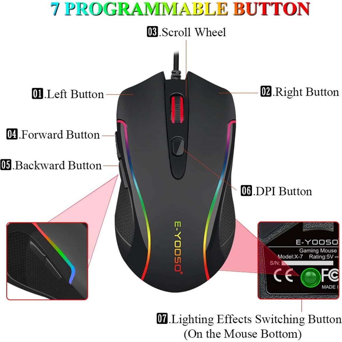 E-YOOSO Ratón Gaming Cableado RGB 6400 DPI 6 Botones