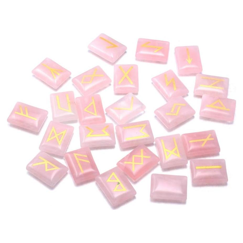 Juego de Piedras Rúnicas de Cuarzo Rosa con Alfabeto Futhark