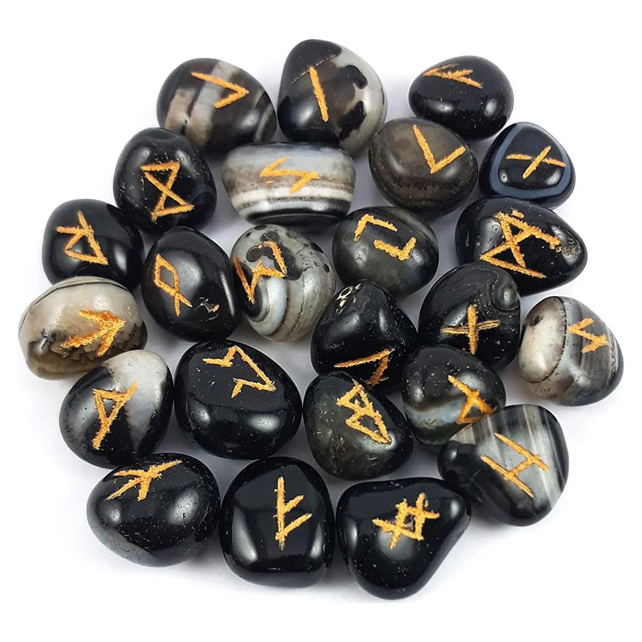 Conjunto de Piedras Rúnicas de Ónix Negro - Alfabeto Vikingo