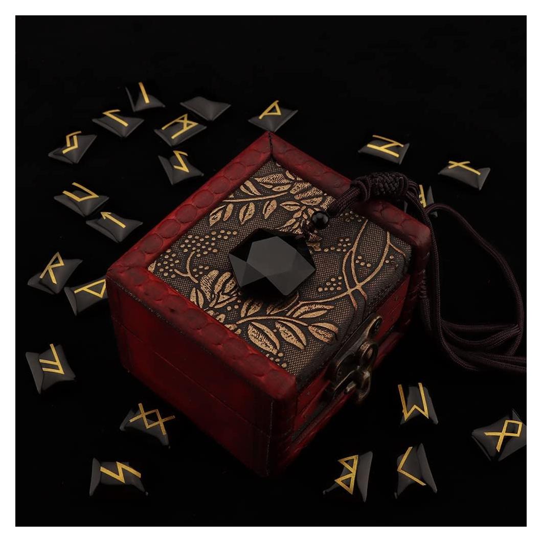 Conjunto de Runas Kcrygogo con Caja de Madera y Obsidiana