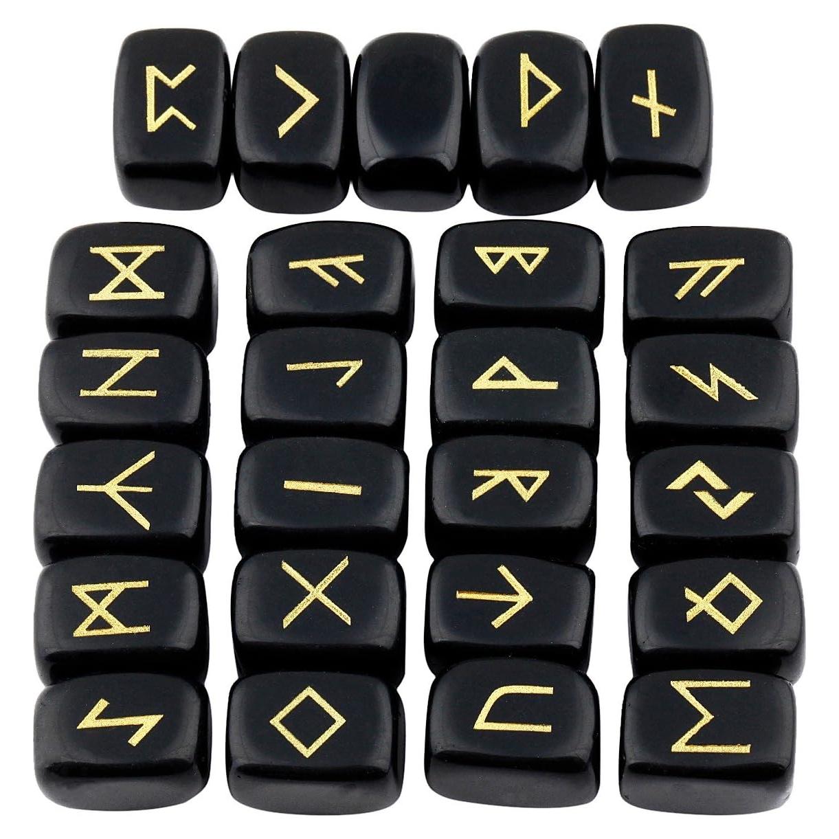 Juego de Runas de Obsidiana Negra SUNYIK - 25 Piezas Grabadas