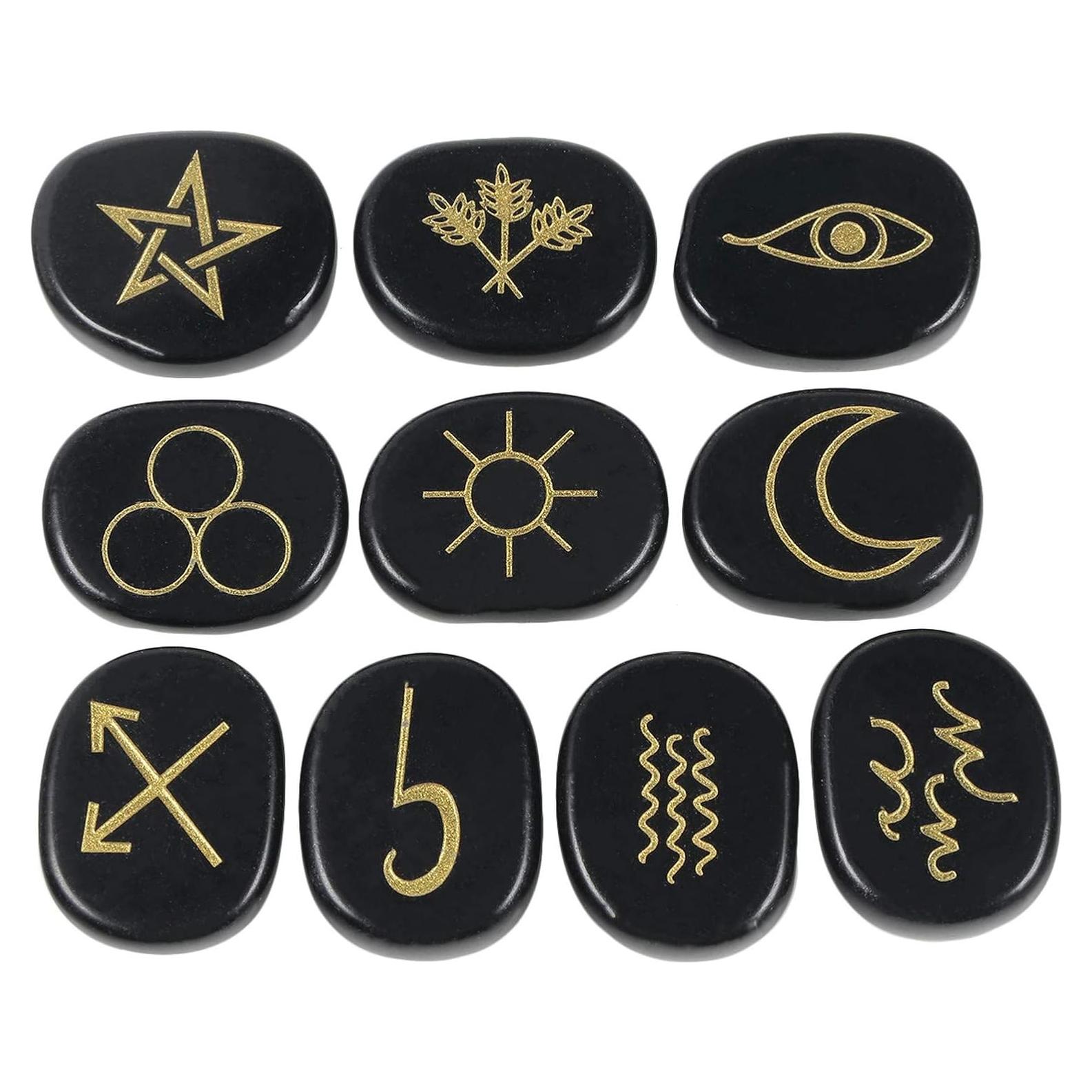 Conjunto de 10 Piedras Rúnicas de Obsidiana Negra Amogeeli