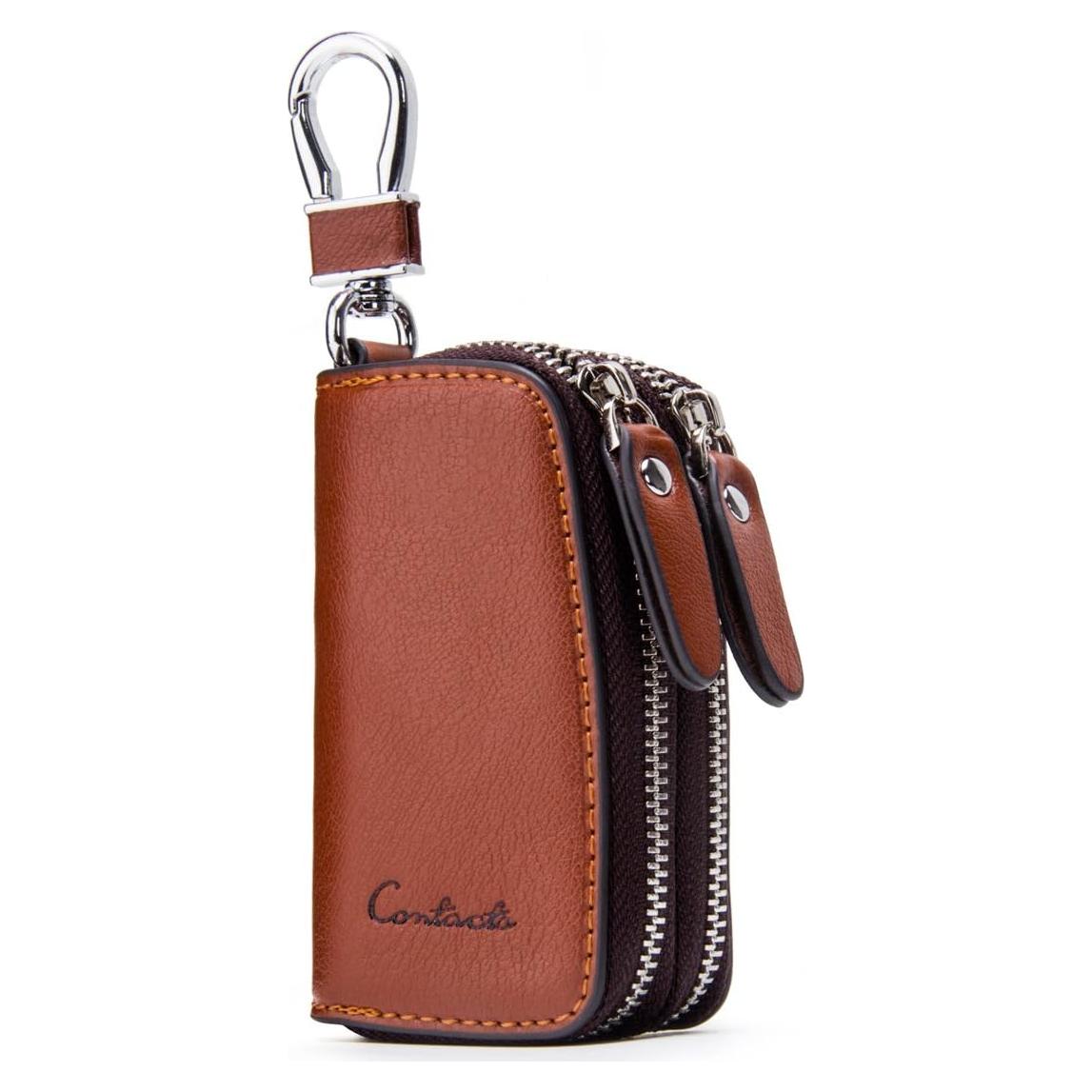 Funda de Llave de Coche CONTACTS de Cuero Marrón con Doble Cierre
