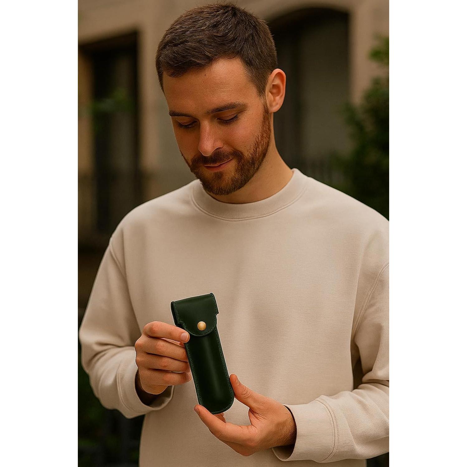 Estuche de Cuero de Grano Completo PavinCrafter Verde para Maquinilla