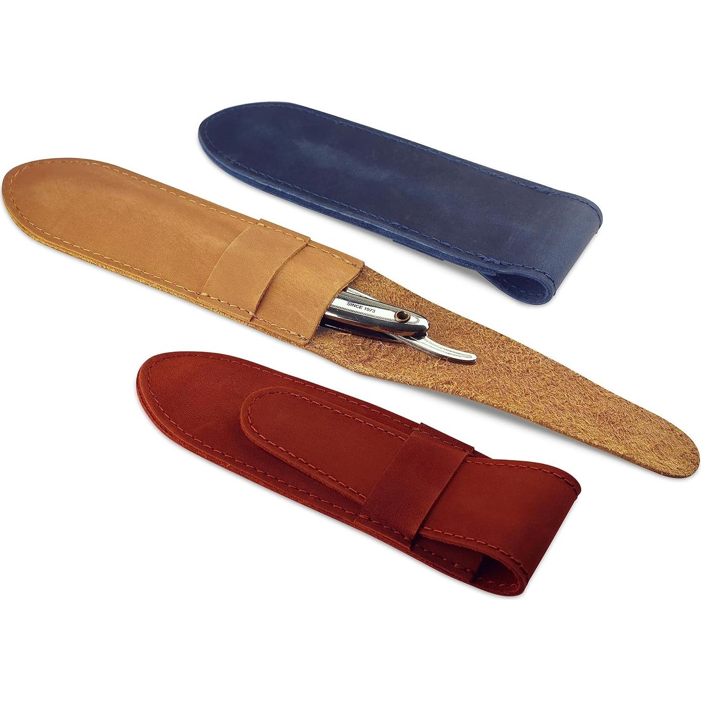 Funda de Cuero Genuino para Navaja Recta Barbero Cognac