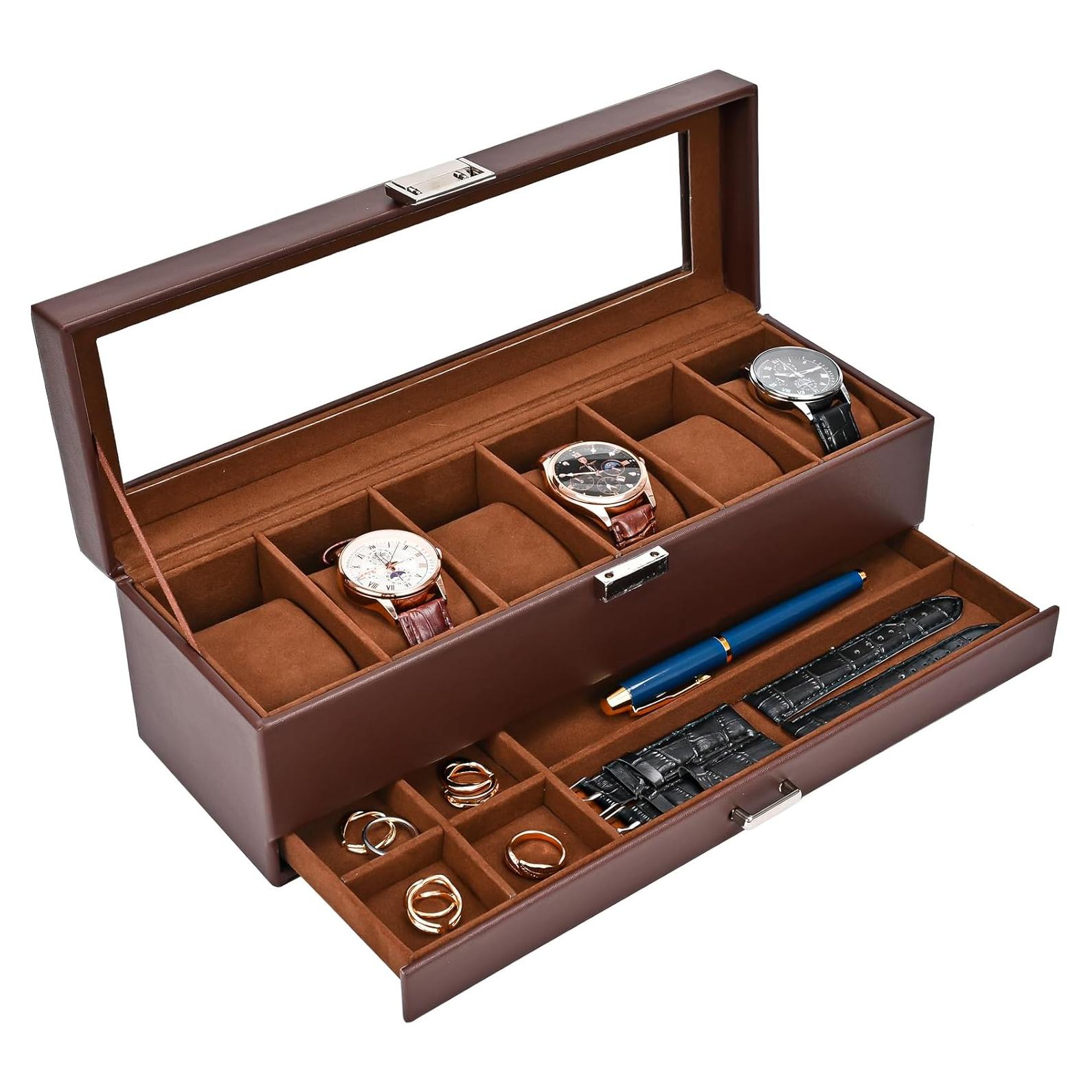 Caja de Reloj ProCase 6 Slots con Cajón y Tapa de Vidrio