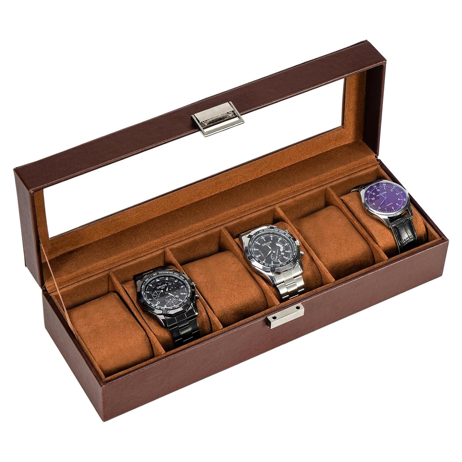 Caja de Reloj ProCase 6 Compartimentos Espresso con Tapa de Vidrio