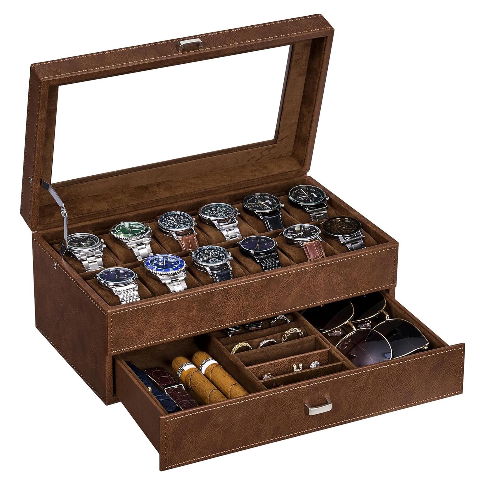 Caja de Reloj BEWISHOME 12 Compartimentos 2 Capas Espresso