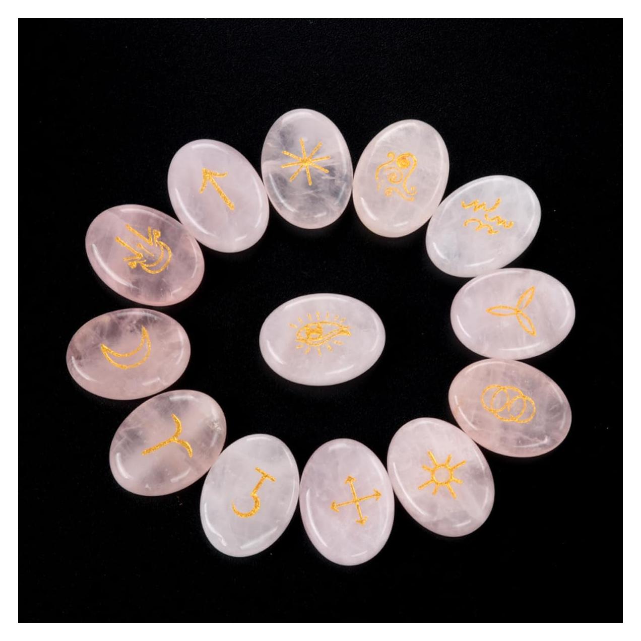 Juego de Runas de Cuarzo Rosa LE SKY - 13 Piezas Grabadas